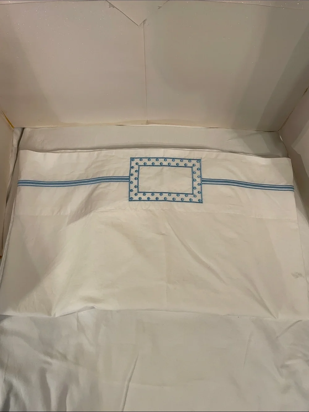 Pottery Barn Teen White twin flat sheet Sky Blue Embroidered Stripe and Frame